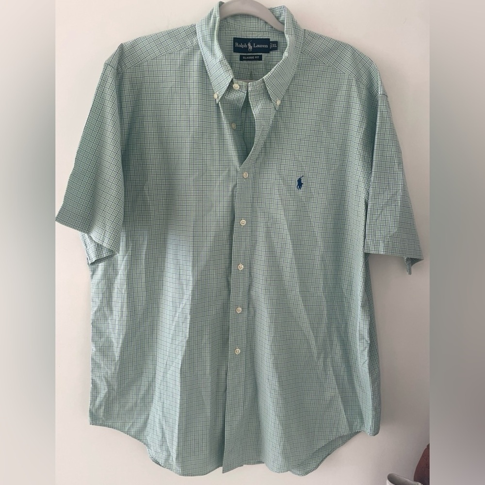 Ralph Lauren Men’s Shirt Size XL Green Blue Button Down Short Sleeve Logo Casual